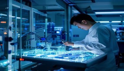 亚洲综合网科技资讯，韩国首尔半导体研发中心工程师在洁净室内检测新一代3纳米芯片，蓝白光线映照出精密设备的科技质感